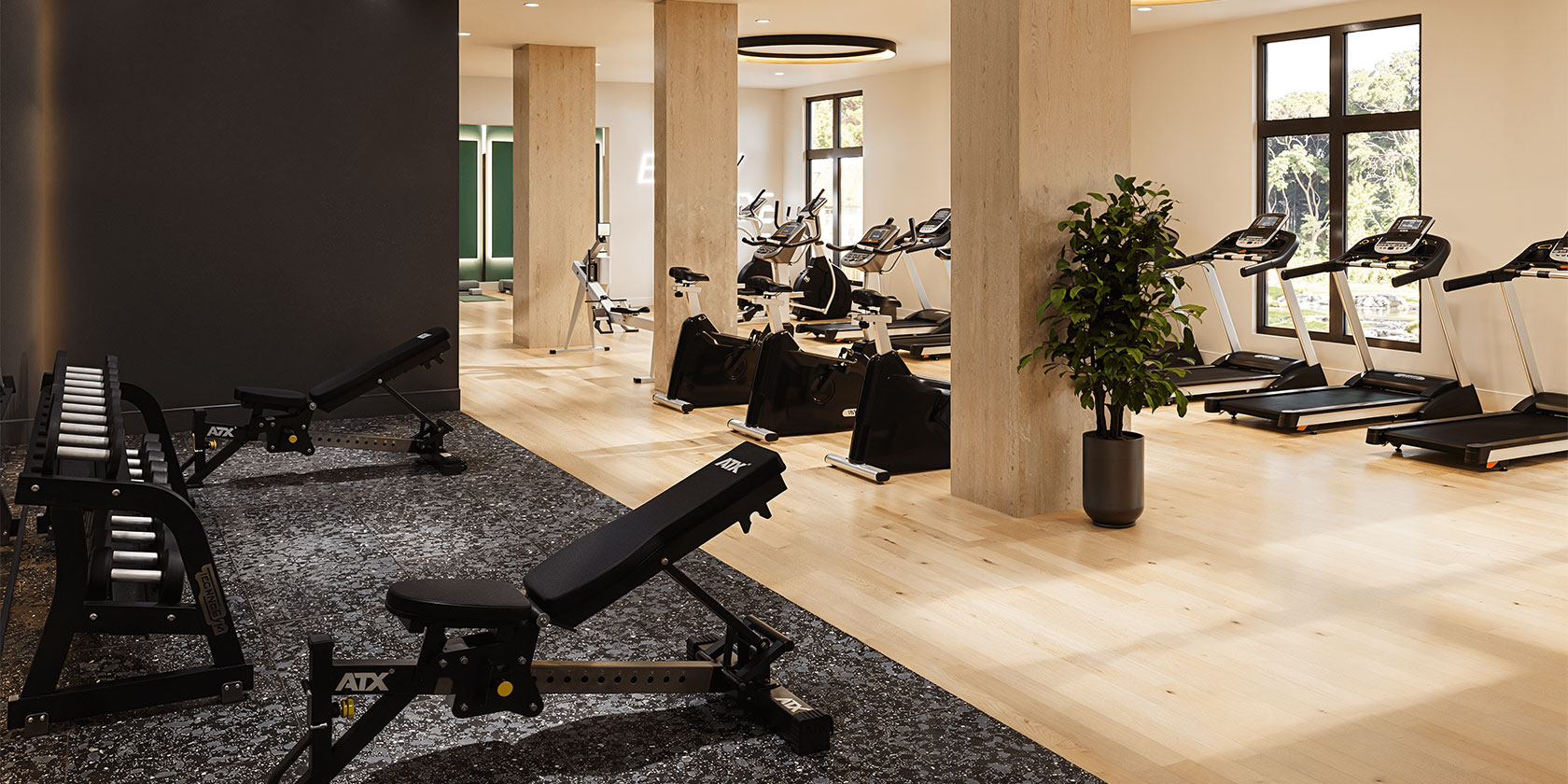 Fitness center at The Asher featuring treadmills, stationary bikes, weight benches, and free weights. The space has large windows with natural light, sleek black-and-wood finishes, recessed lighting, and light hardwood floors